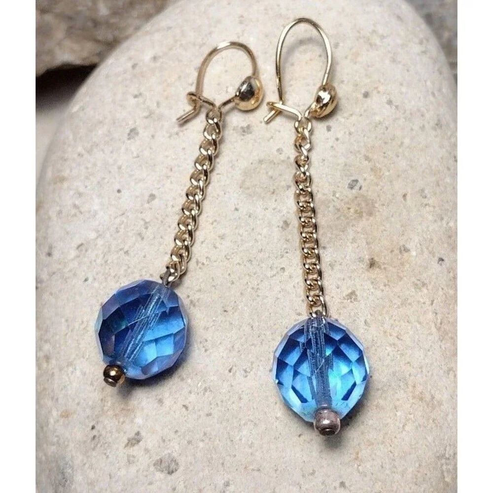 Blue Crystal Bead Gold Plated Chain Drop Dangle Earrings